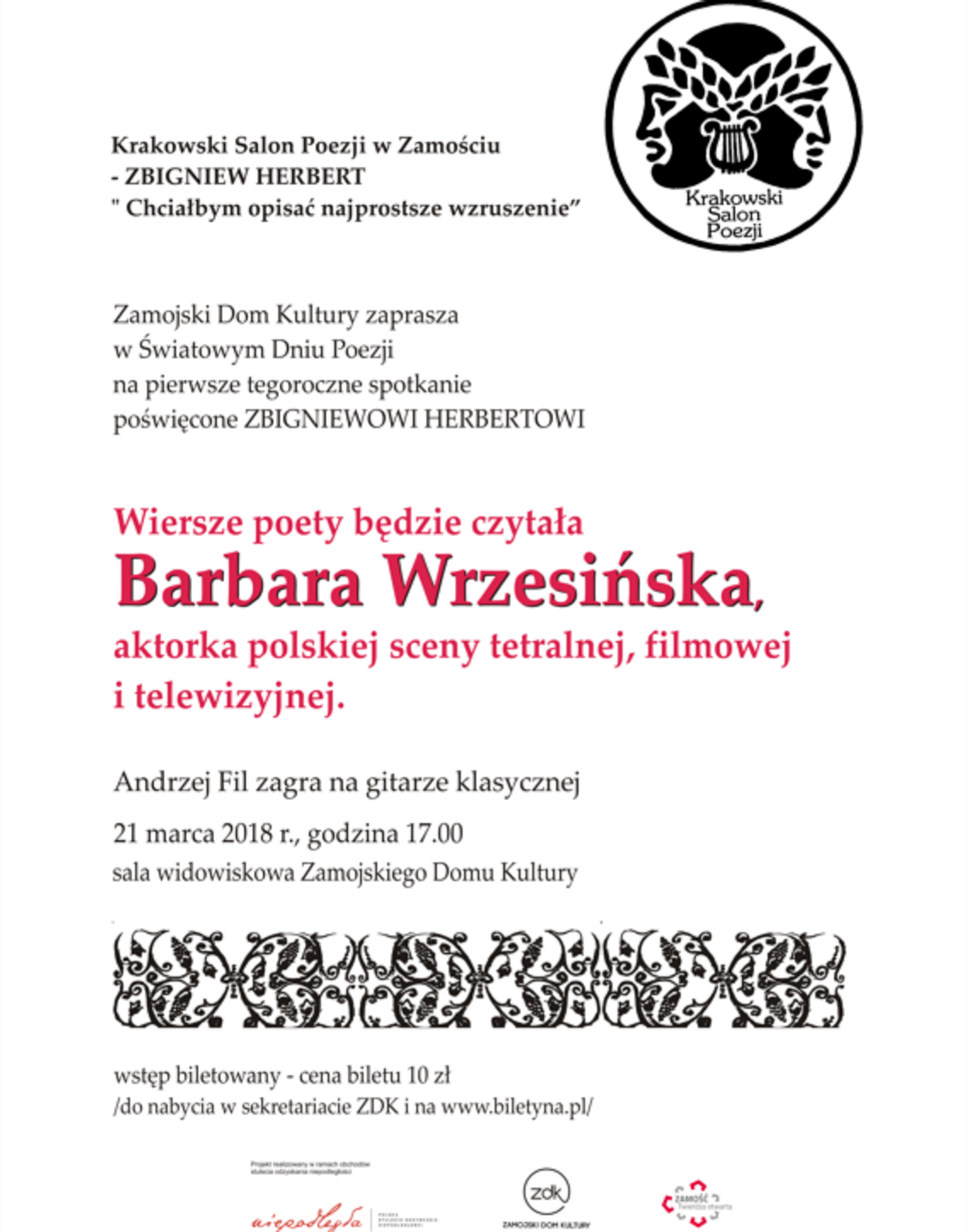 Krakowski Salon Poezji w Zamościu – ZBIGNIEW HERBERT "Chciałbym opisać najprostsze wzruszenie"