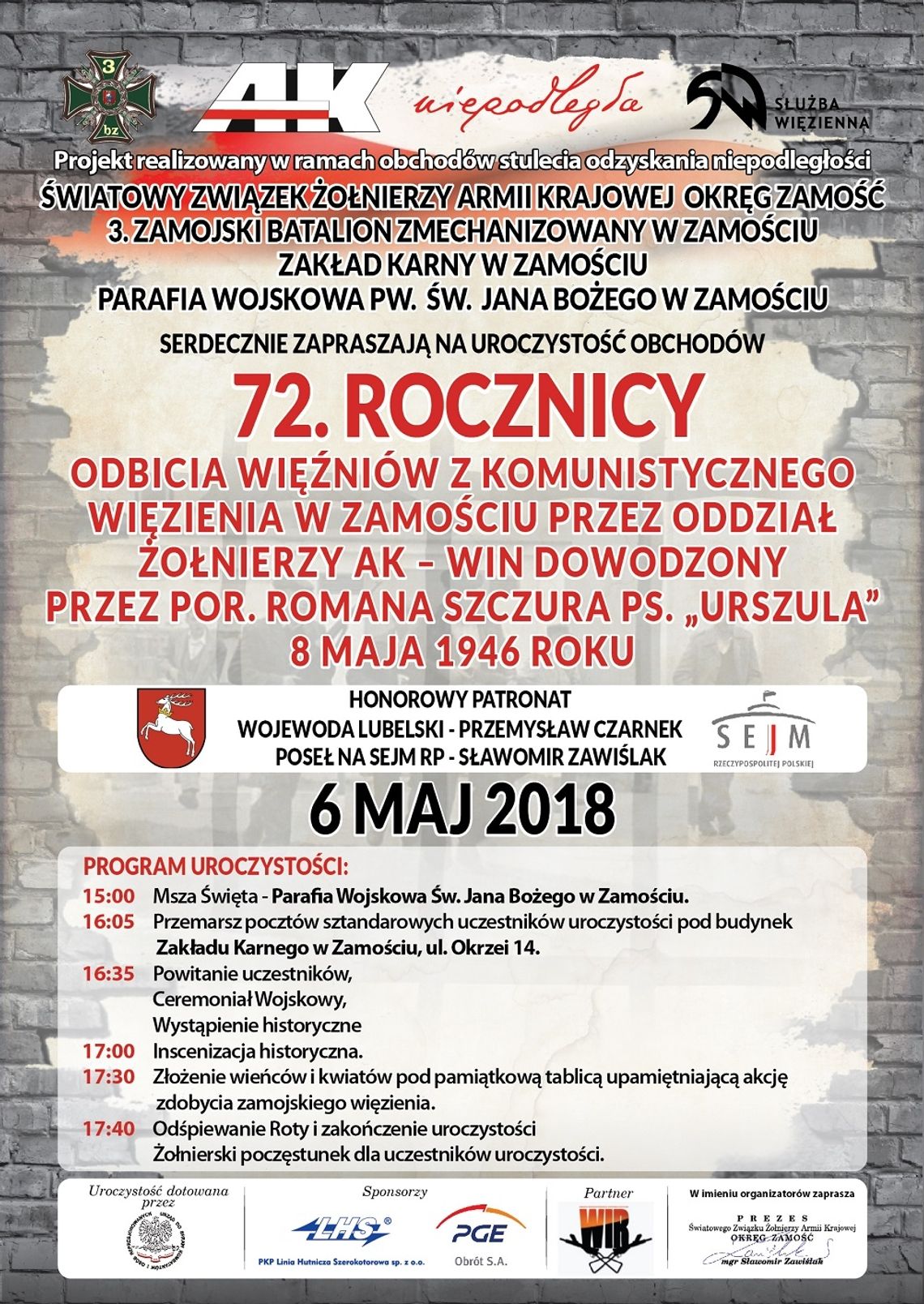 Zaproszenie na 72. rocznicę odbicia więźniów z komunistycznego więzienia w Zamościu
